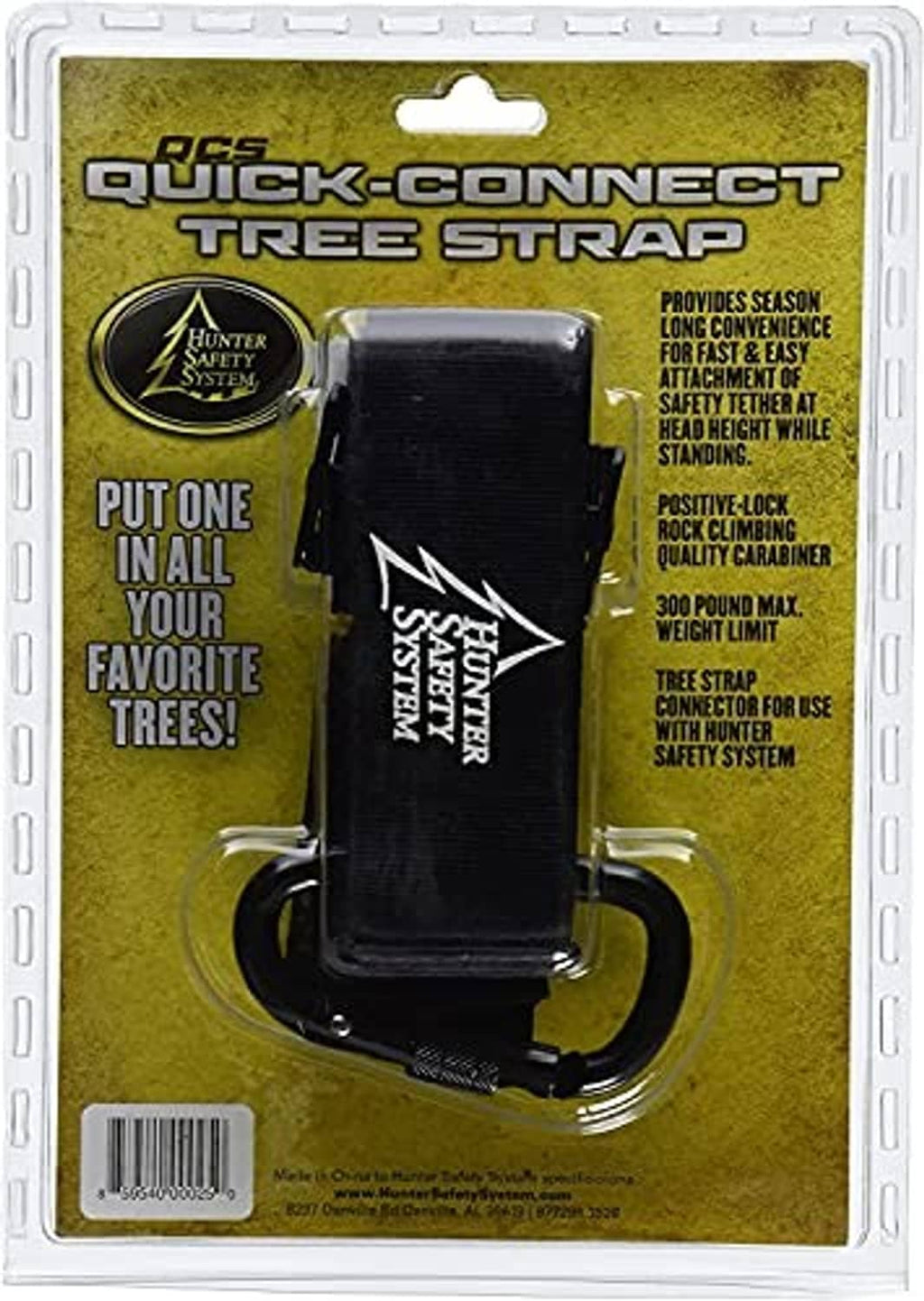Quick-connect tree strap retail package, black strap with carabiners and hook loops