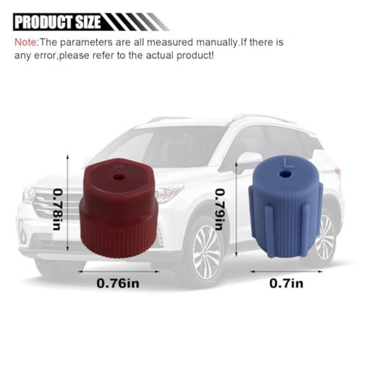 Red and blue AC service caps shown with product size measurements