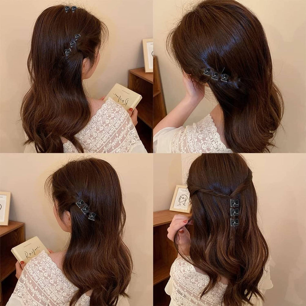 Clear mini claw hair clips in use on dark brown hair
