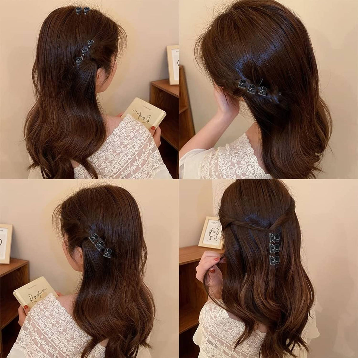 Clear mini claw hair clips in use on dark brown hair