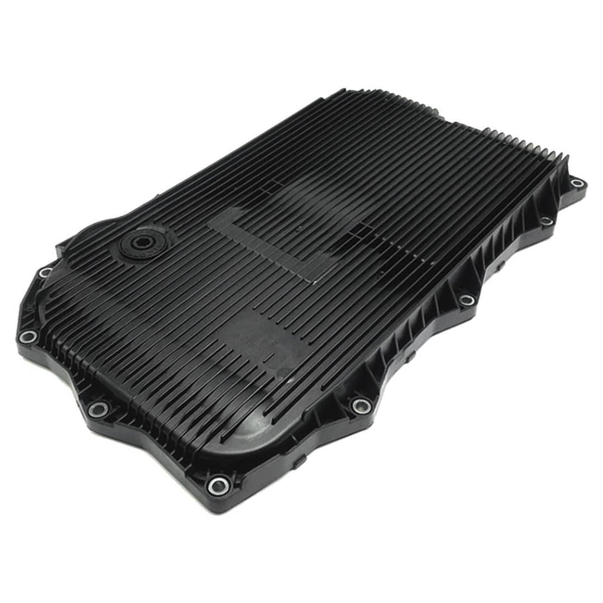 Automatic transmission oil filter pan cover, dark plastic with cooling ridges