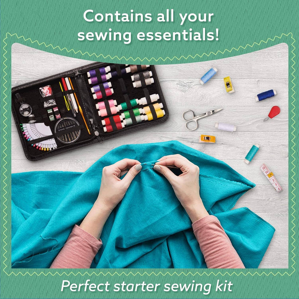 Starter sewing kit with teal fabric, hands holding cloth, and sewing tools and thread nearby