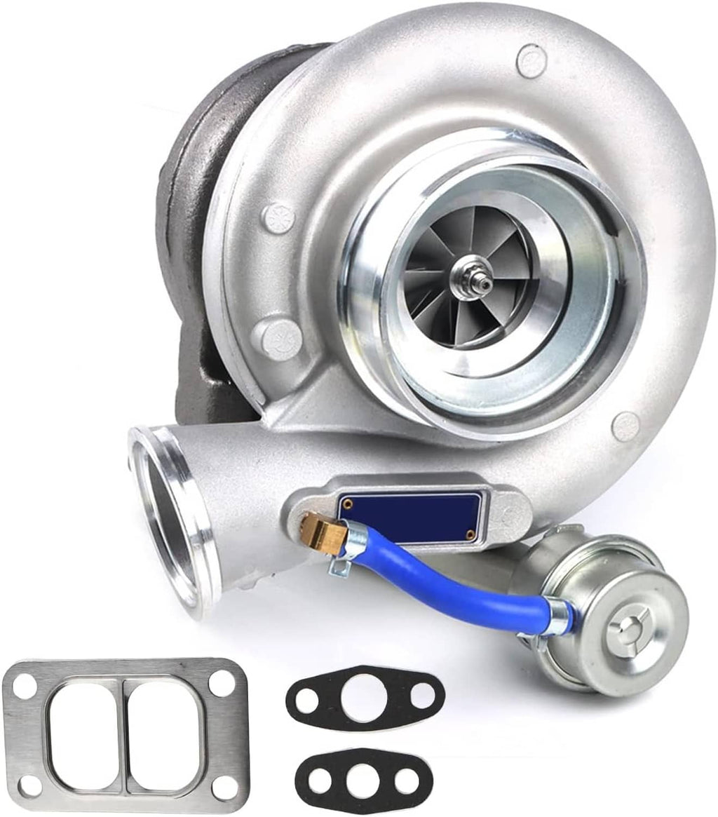 Turbocharger with silver compressor wheel and blue hose connection