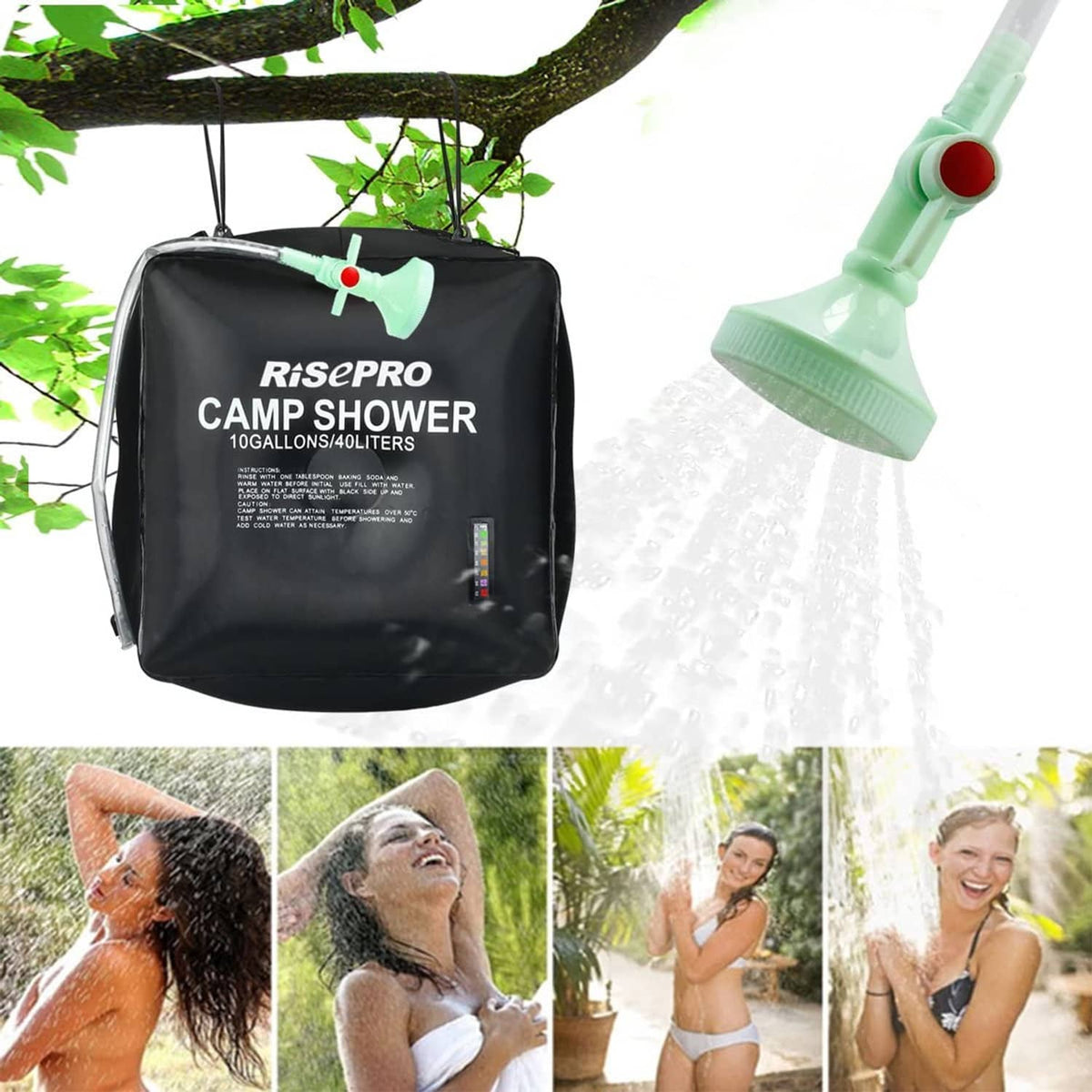 40L camp shower solar heating bag, hanging black design with green shower head