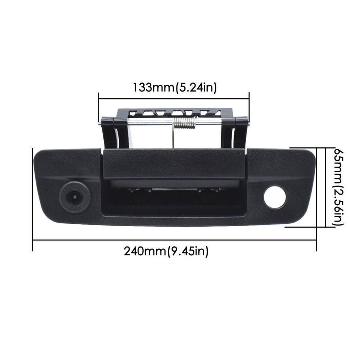 Black tailgate handle backup camera with front lens, side mounting hole, and bracket