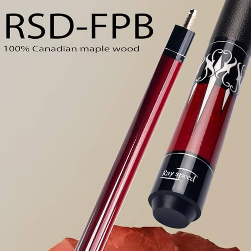 Red pool cue shaft with black butt cap and tapered tip, decorative decal on shaft
