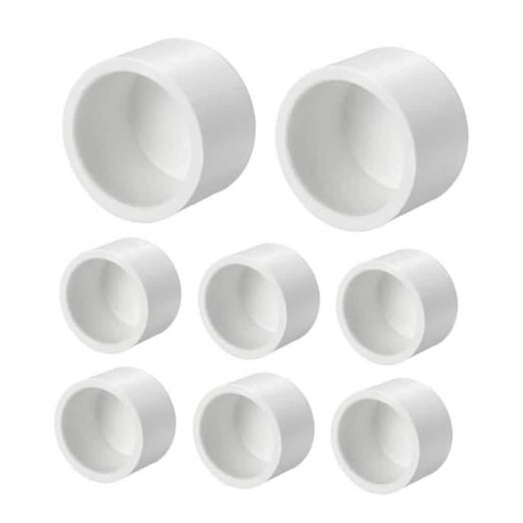 White PVC external end cap fitting, open socket end, pack of multiple pieces