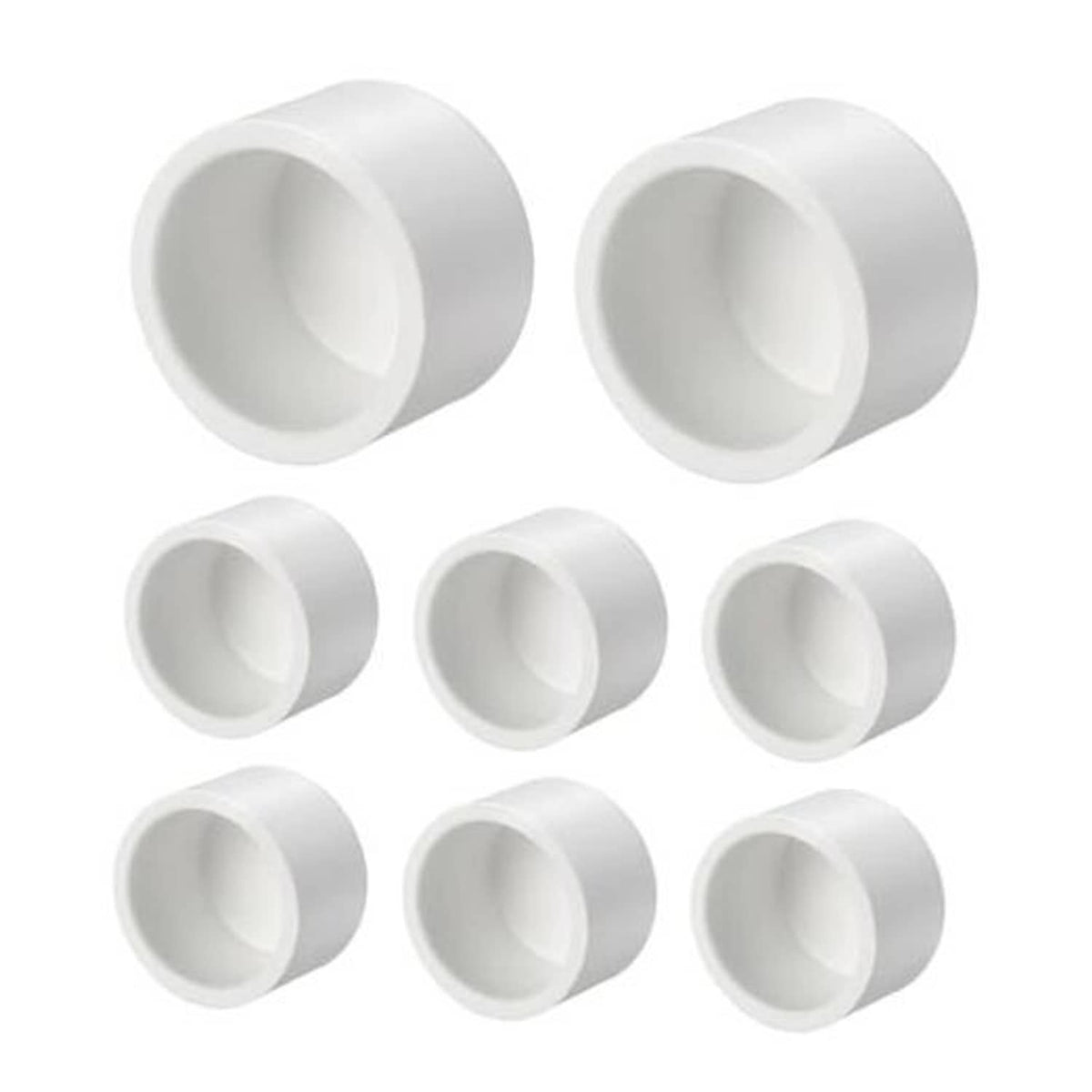 White PVC external end cap fitting, open socket end, pack of multiple pieces