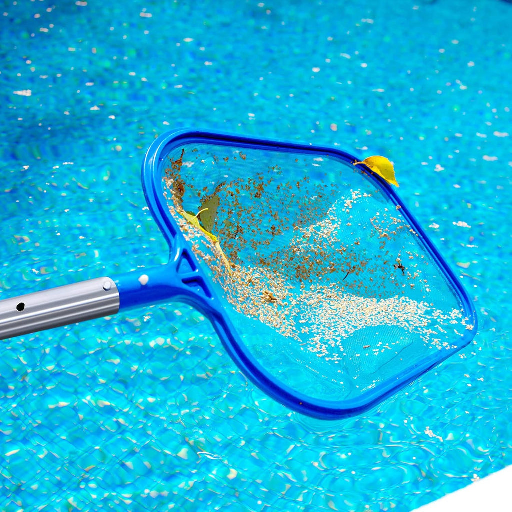 Light blue pool skimmer net catching leaves and debris in the mesh
