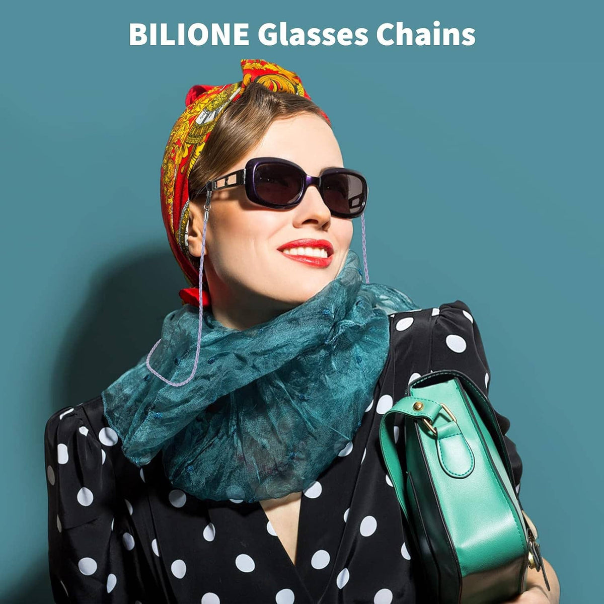 Teal eyeglass chain retainer holding dark sunglasses at the temples