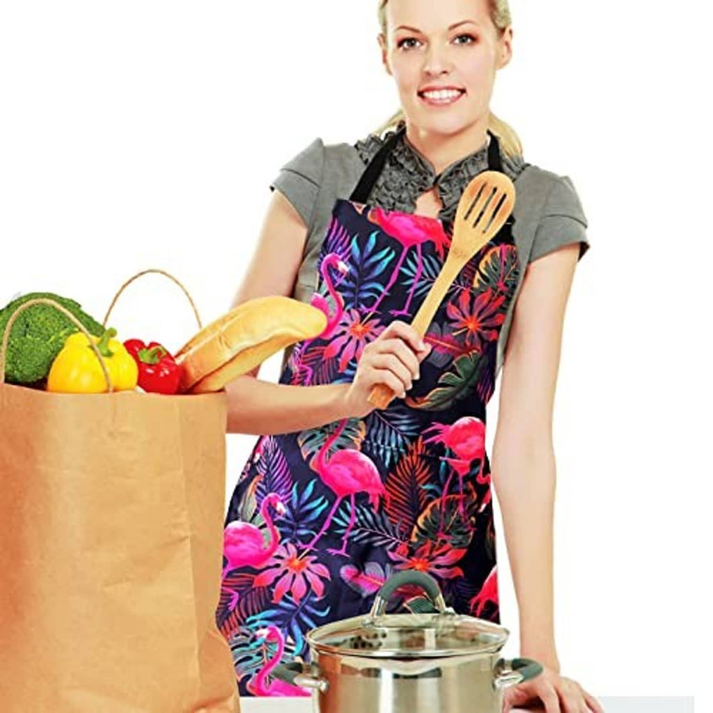 Flamingo waterproof bib apron worn by model with adjustable straps