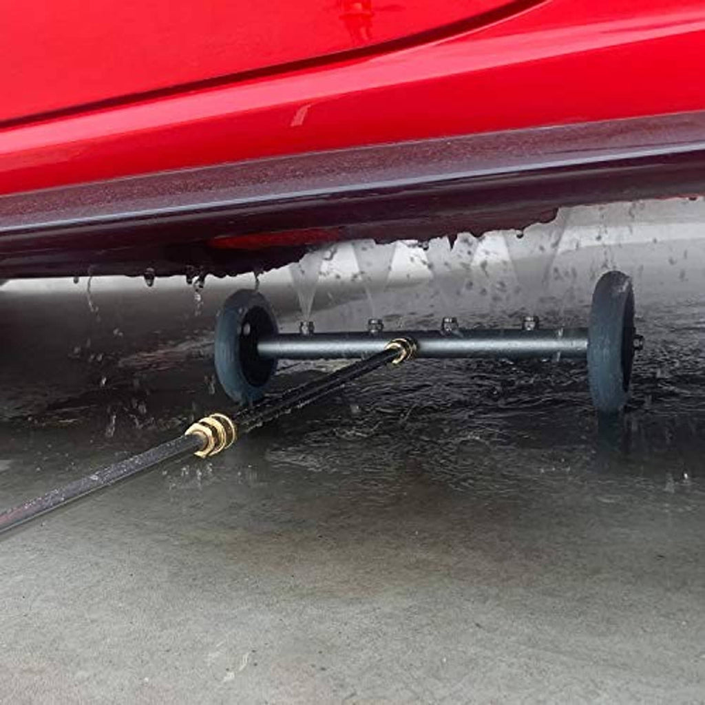 Undercarriage pressure washer cleaner spraying under vehicle using wheeled wand