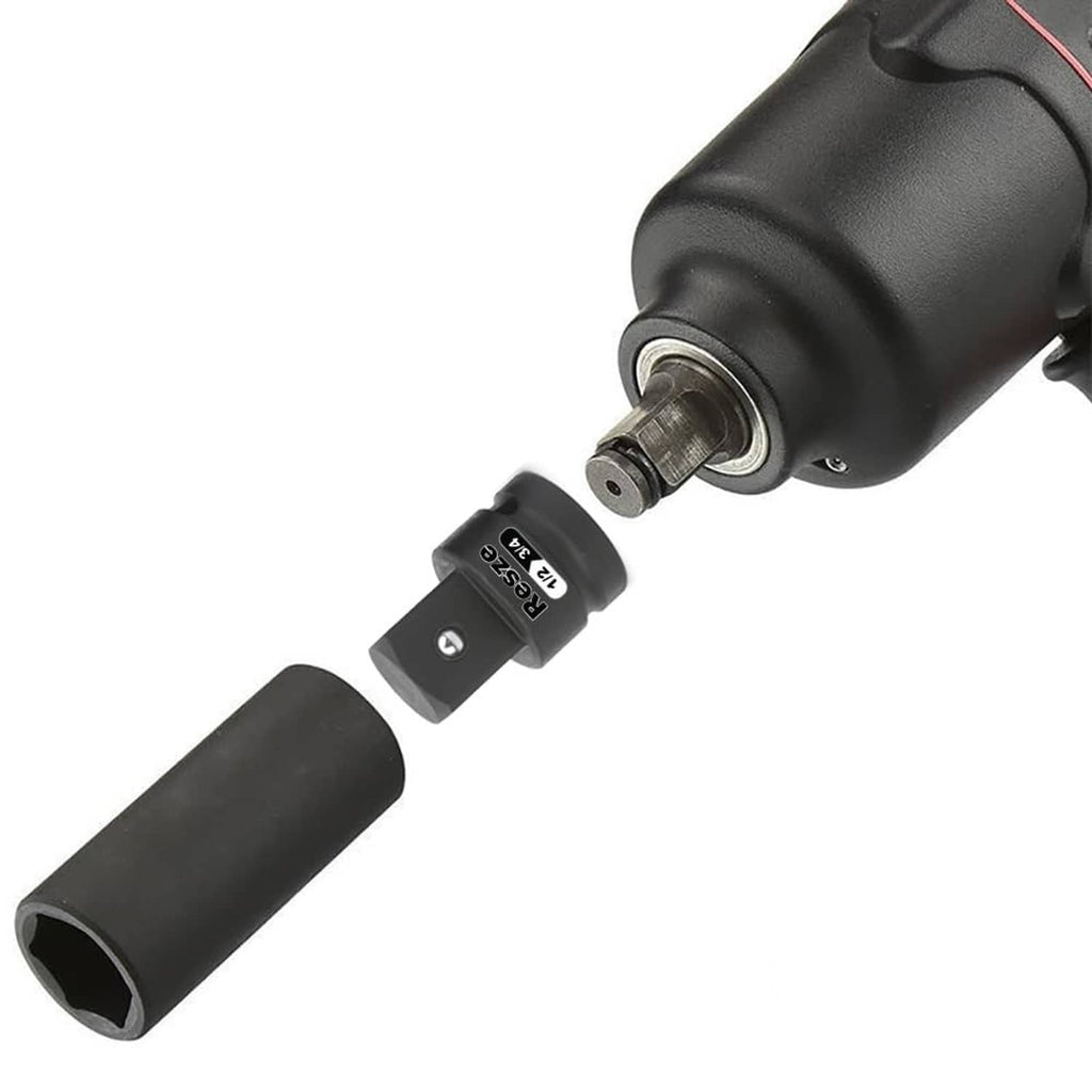Black impact socket adapter reducer with hex drive socket and metal collar