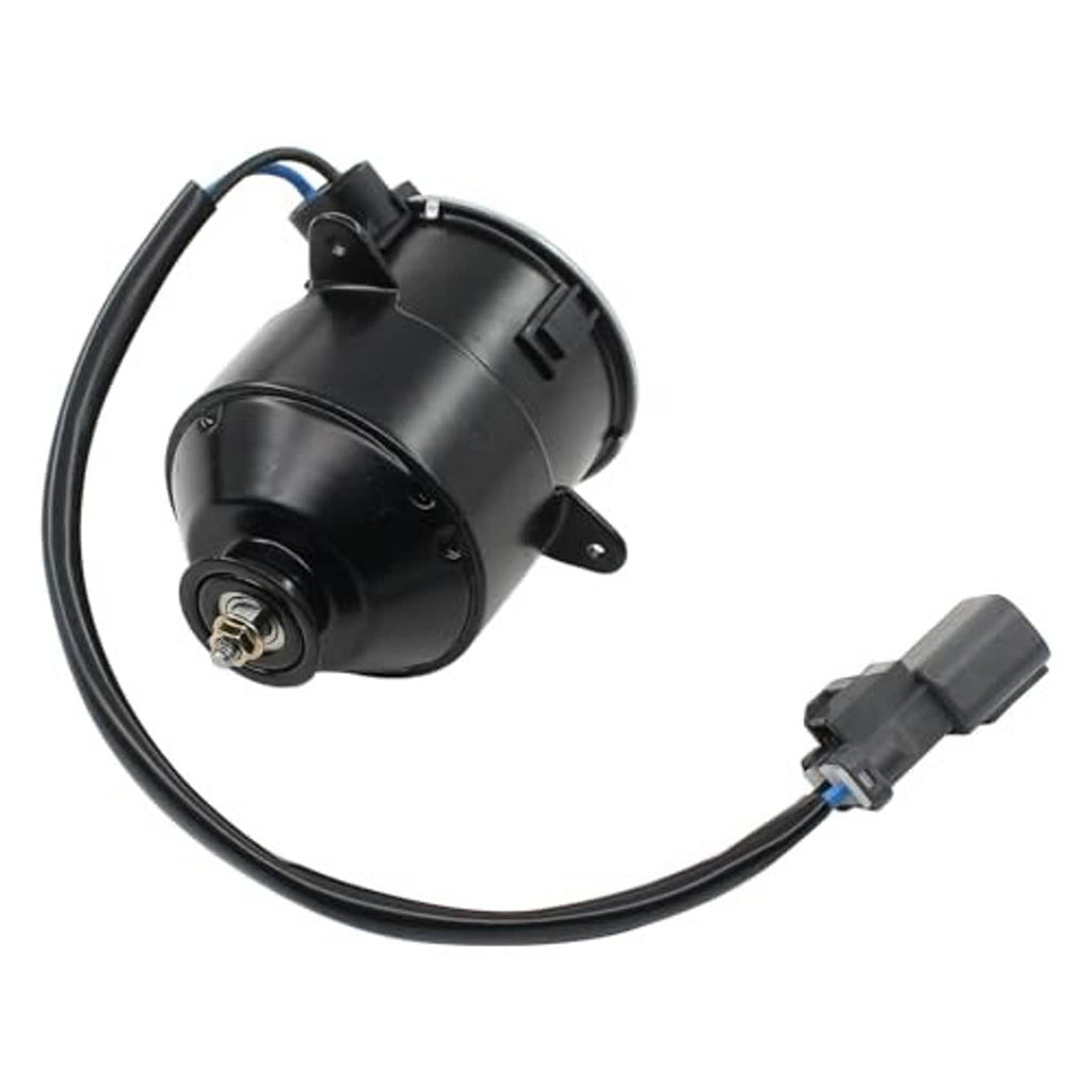 Engine radiator cooling fan motor with round black housing and gray electrical connector