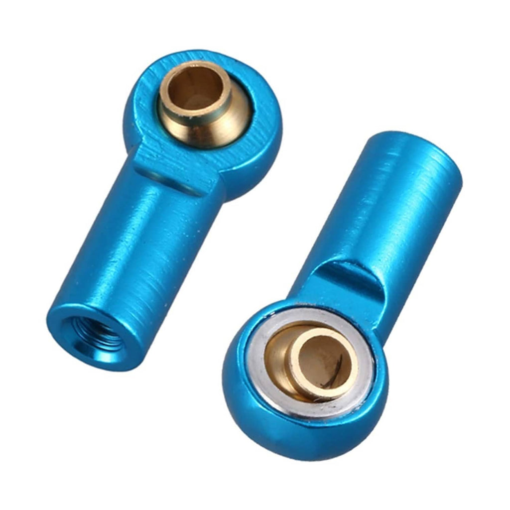 Blue aluminum M3 tie rod end ball joint links, dual end close-up with brass bushings