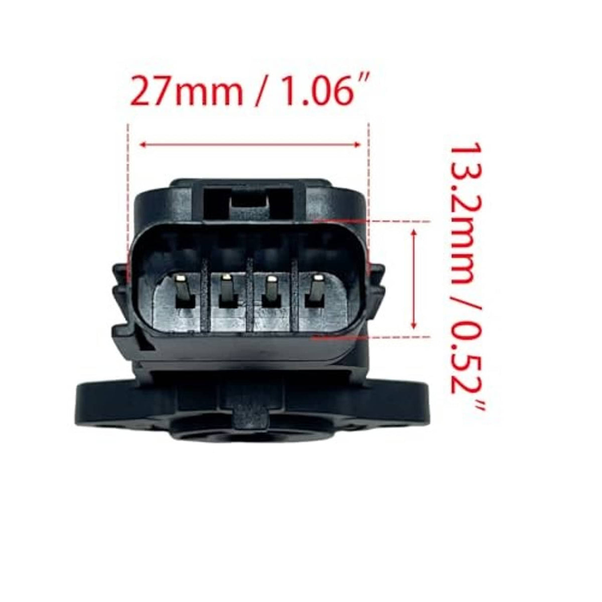 Throttle position sensor rear view showing electrical pin connector and mounting plate