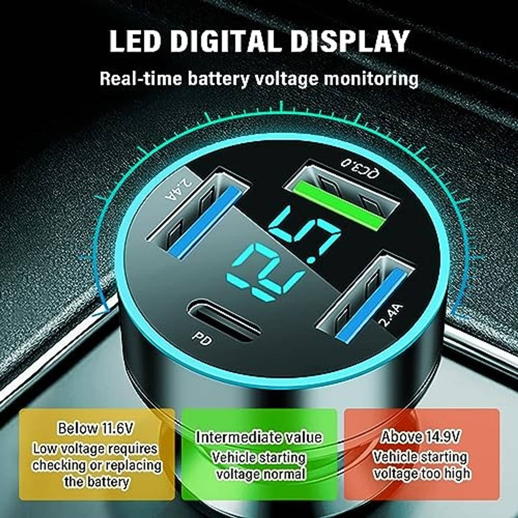 Round LED digital display car charger with multi-USB ports for phone charging