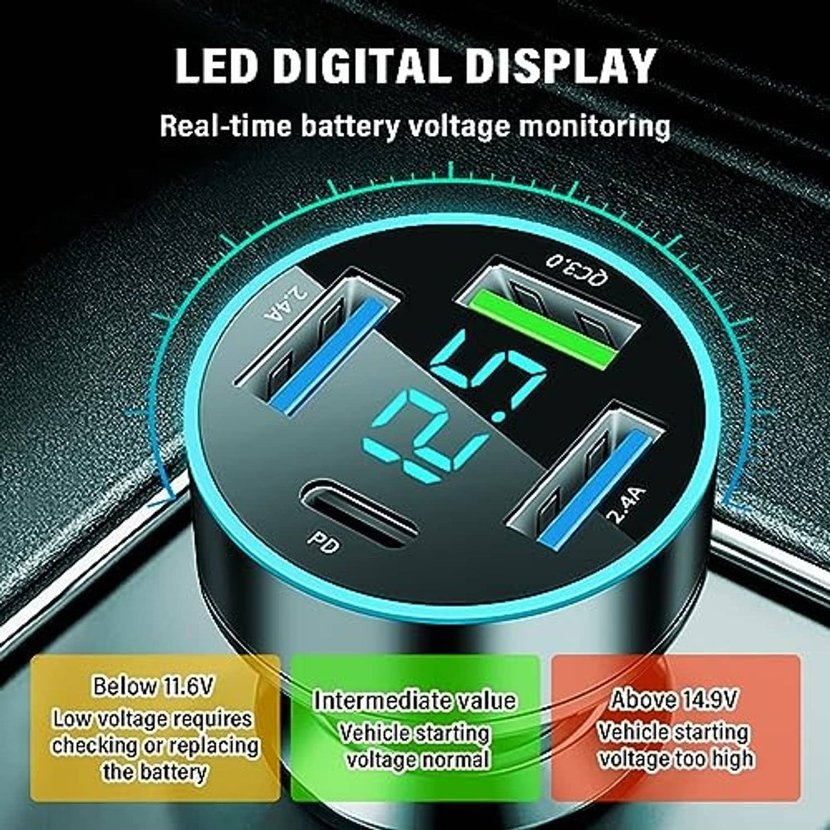 Round LED digital display car charger with multi-USB ports for phone charging