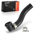 Black radiator coolant hose with connector fitting and metal clamp, EPDM-style rubber