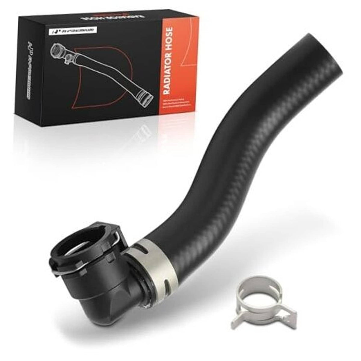 Black radiator coolant hose with connector fitting and metal clamp, EPDM-style rubber