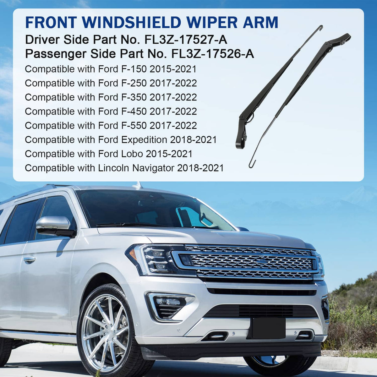 Black passenger and driver side front windshield wiper arm set, long blade design