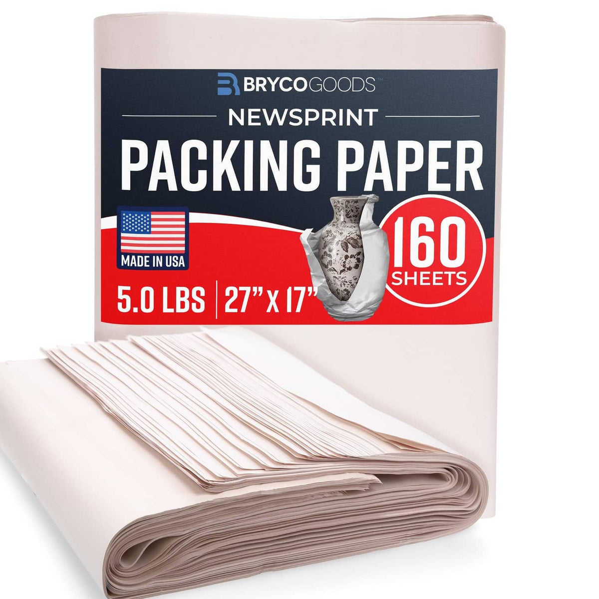 Newsprint packing paper sheets in a pack, labeled 160 sheets, 27 x 17 in