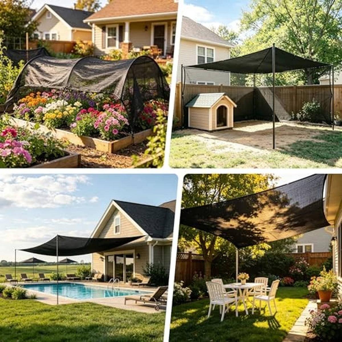 Black sun shade cloth in yard garden, stretched over a frame above flowers and shrubs