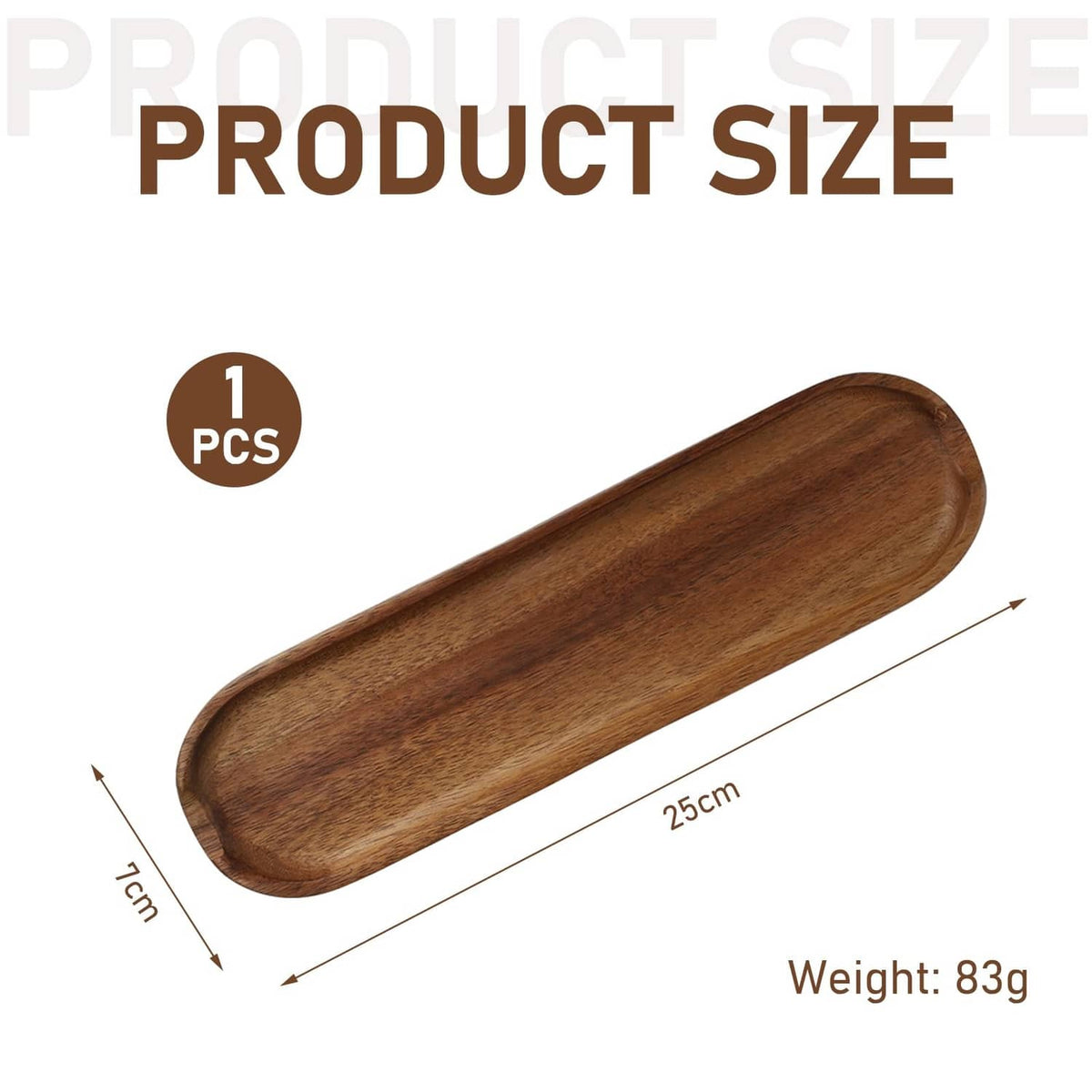 Brown wooden pen tray, rounded oval shape with size diagram