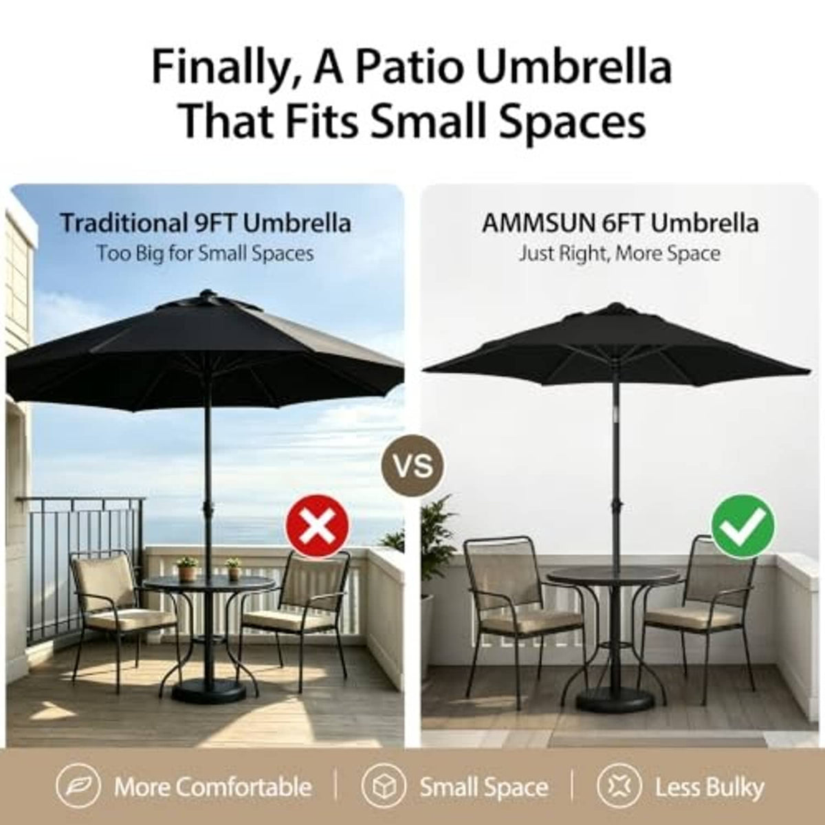 Black 6-ft patio umbrella open canopy on a central pole