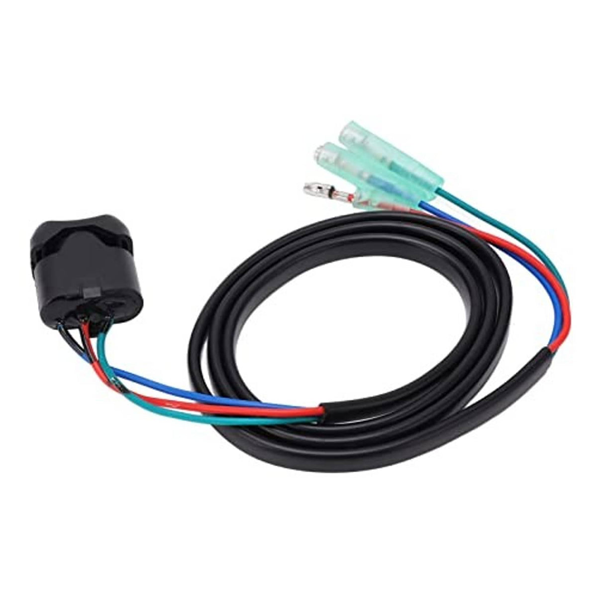 Outboard trim tilt switch wiring harness with black connector and two light teal terminal plugs