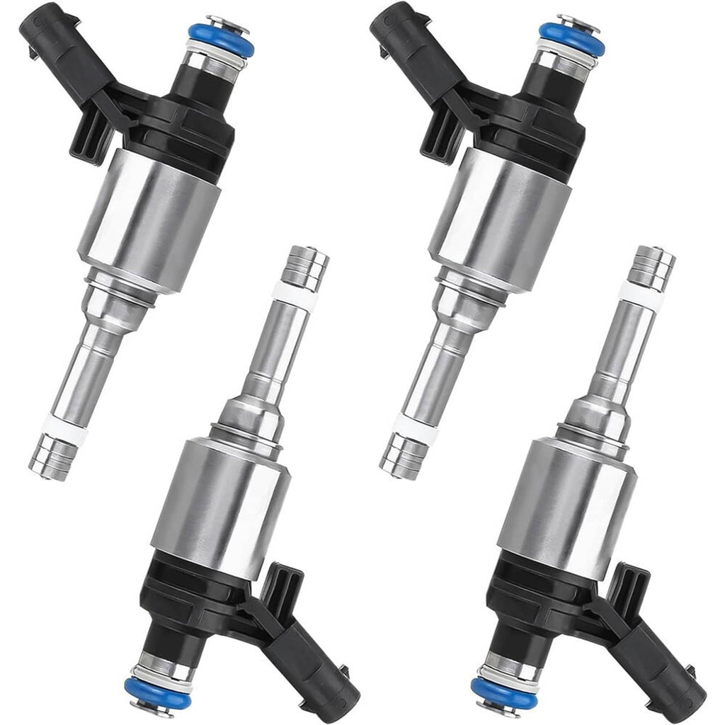 Two silver fuel injectors with blue top caps and black hose-style connectors