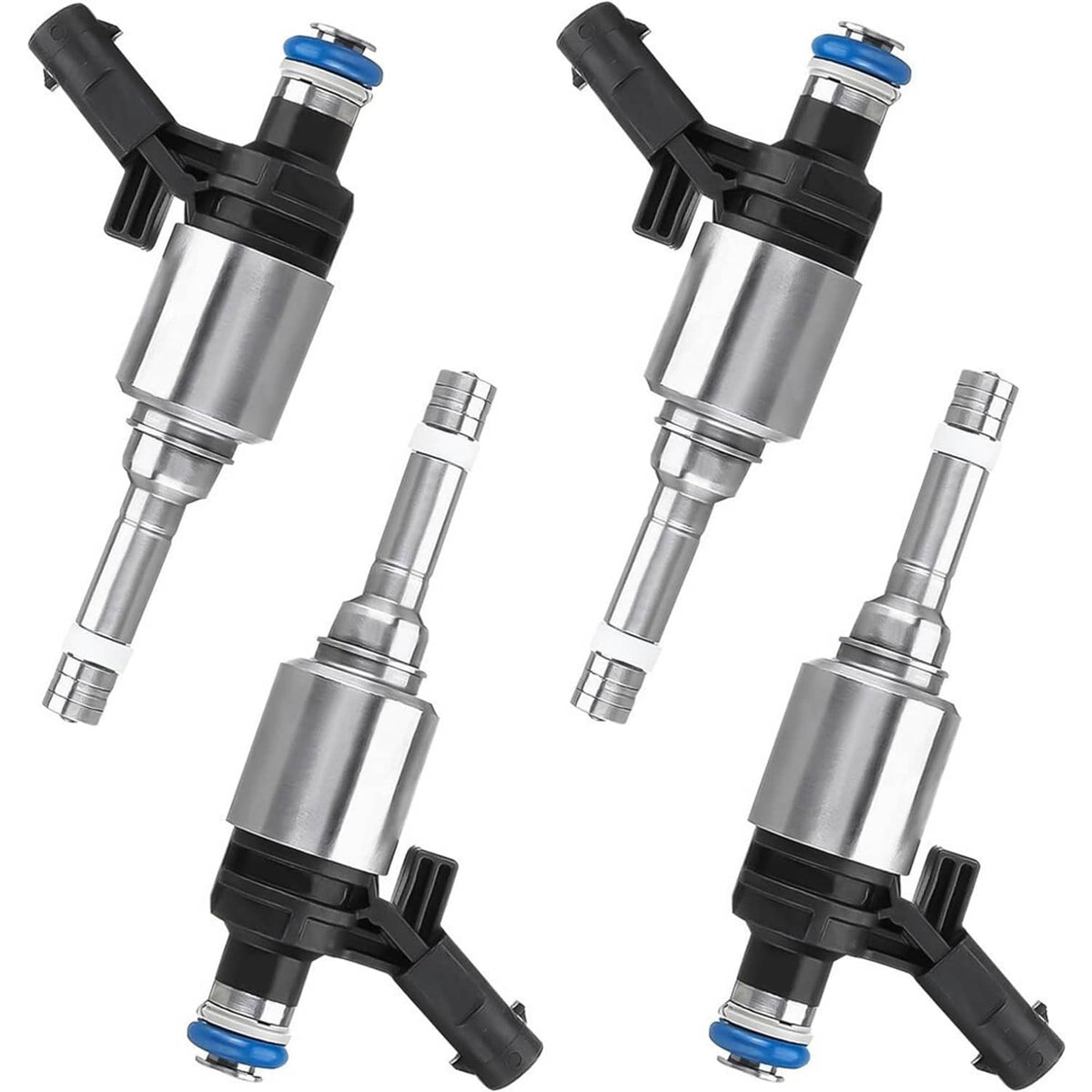 Two silver fuel injectors with blue top caps and black hose-style connectors