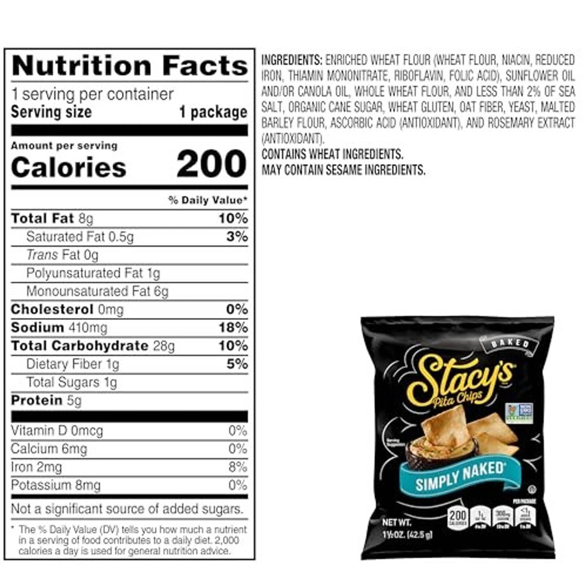 Nutrition Facts panel for Stacy's Simply Naked pita chips, 200 calories