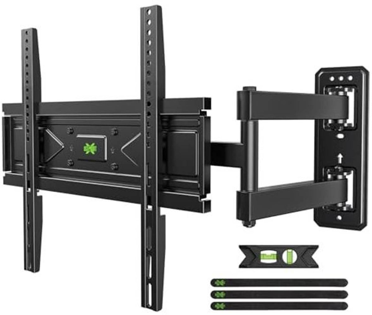 Black swivel TV wall mount bracket with tilt hardware and included accessory bars