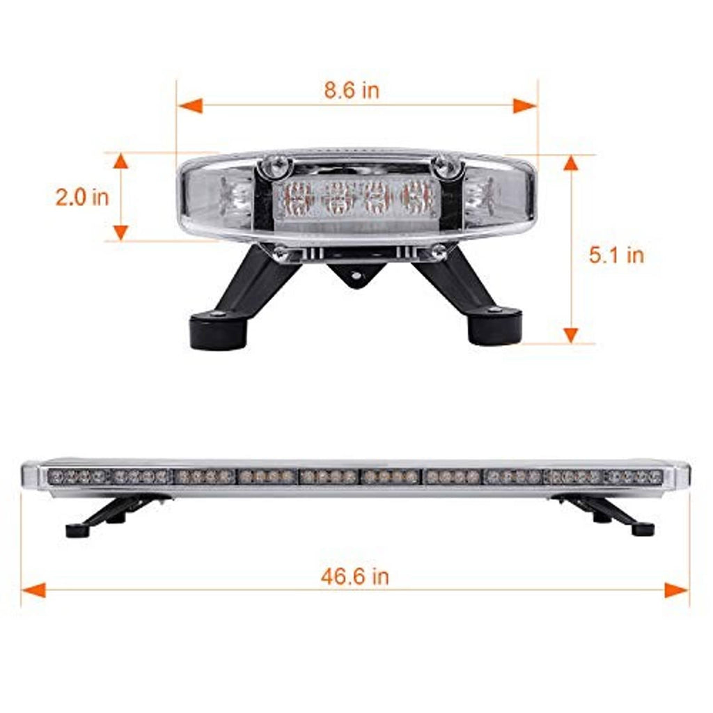 Amber LED strobe light bar with front lens and black mounting feet, dimensioned view