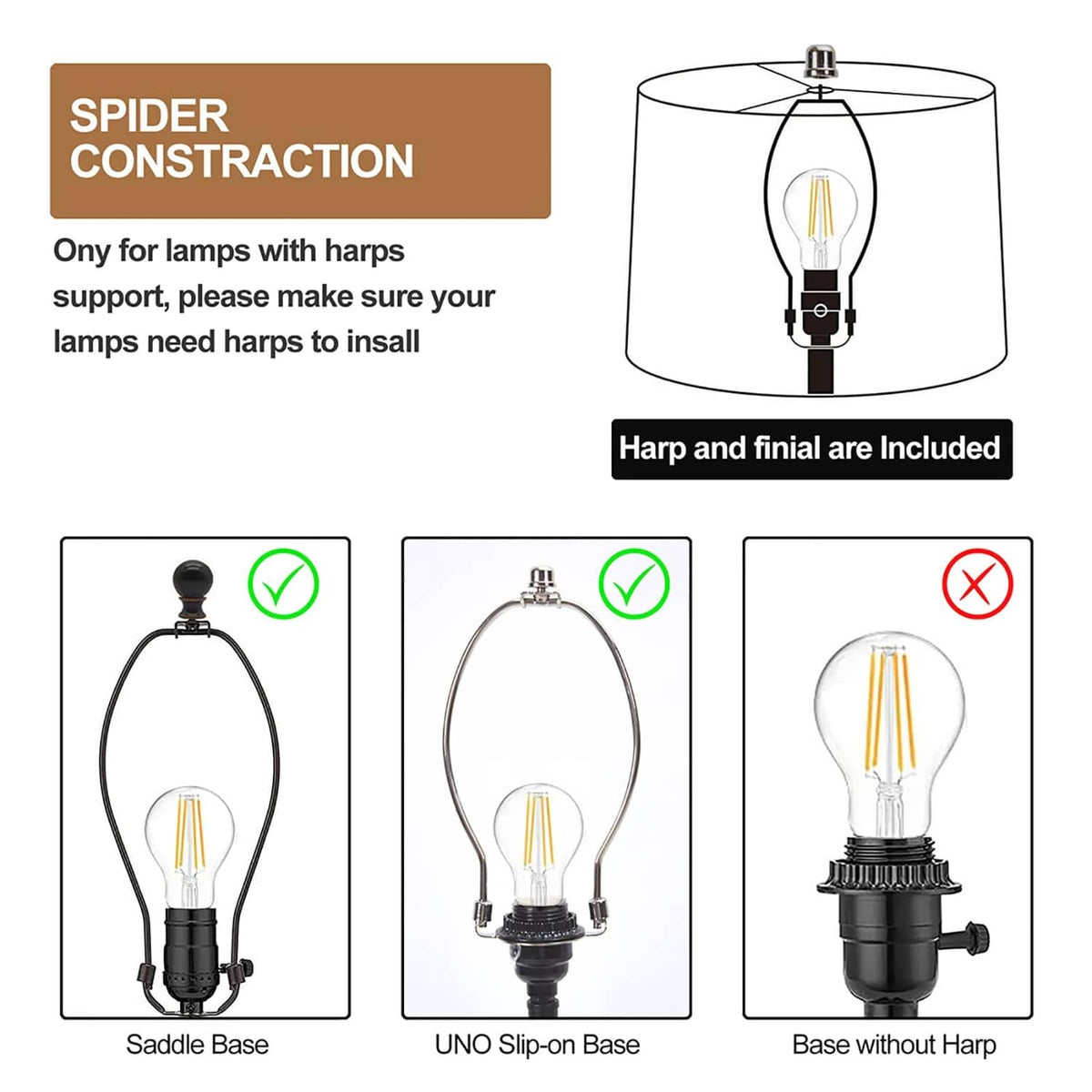 Lamp shade harps support diagram showing included finial for compatible lamps