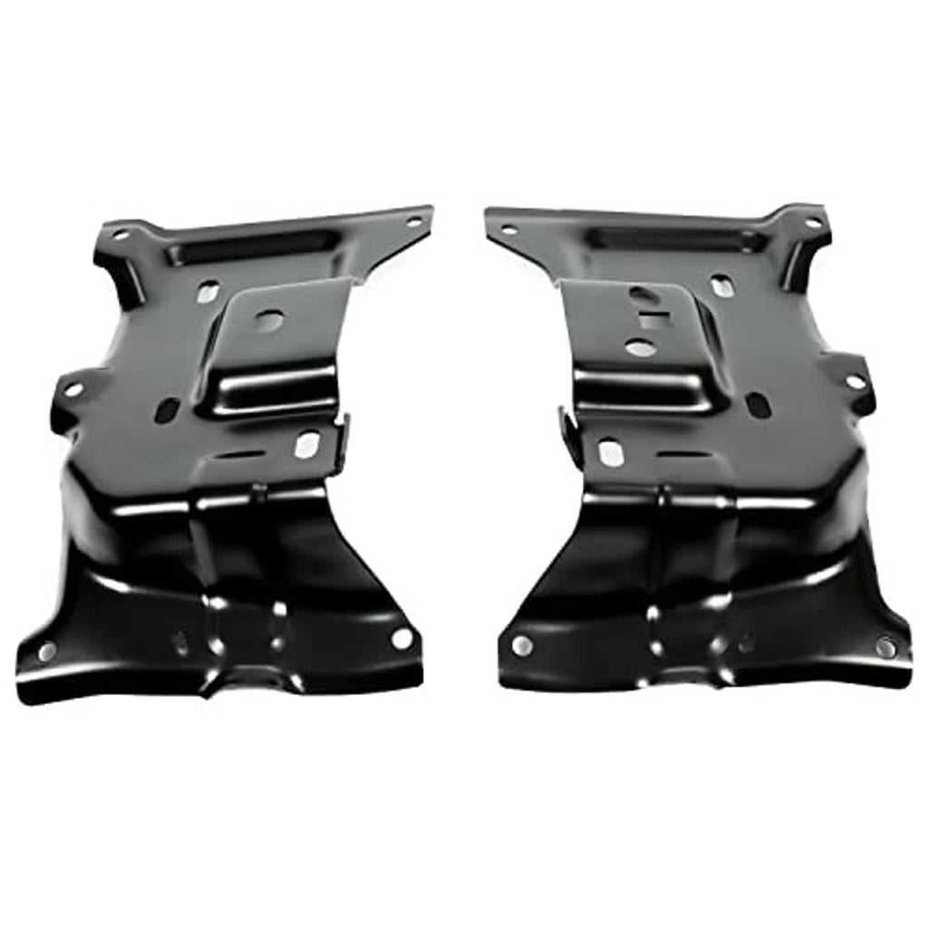 Two-piece front bumper bracket pair in black steel with ridges and holes