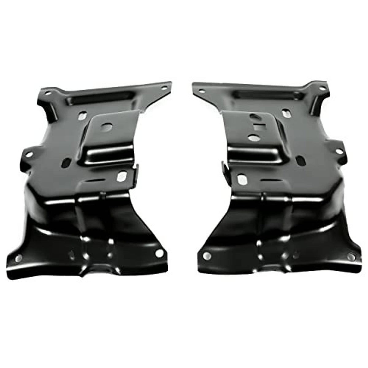 Two-piece front bumper bracket pair in black steel with ridges and holes