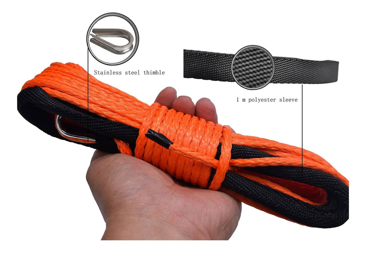 Orange synthetic winch rope with black polyester sleeve and stainless D-ring thimble