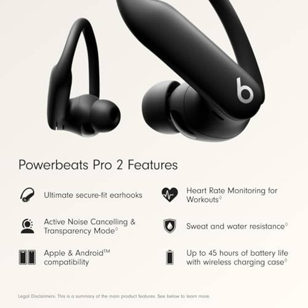 Black wireless earbuds with secure-fit earhooks and charging case, angled close-up