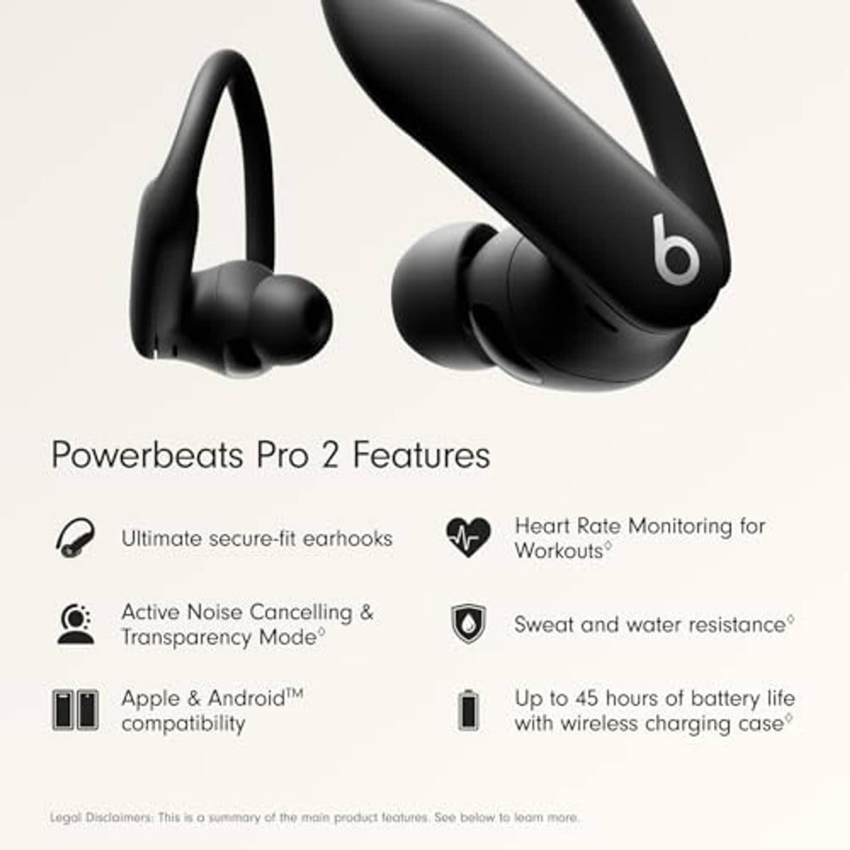 Black wireless earbuds with secure-fit earhooks and charging case, angled close-up