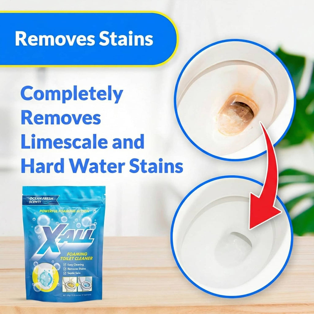 Foaming toilet cleaner powder shown removing limescale and hard-water stains