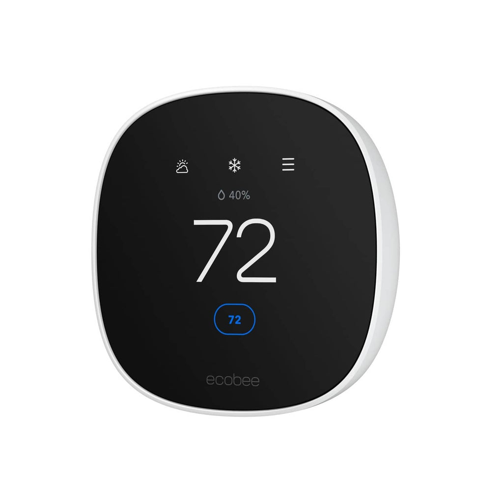 White smart thermostat with dark screen showing 72°