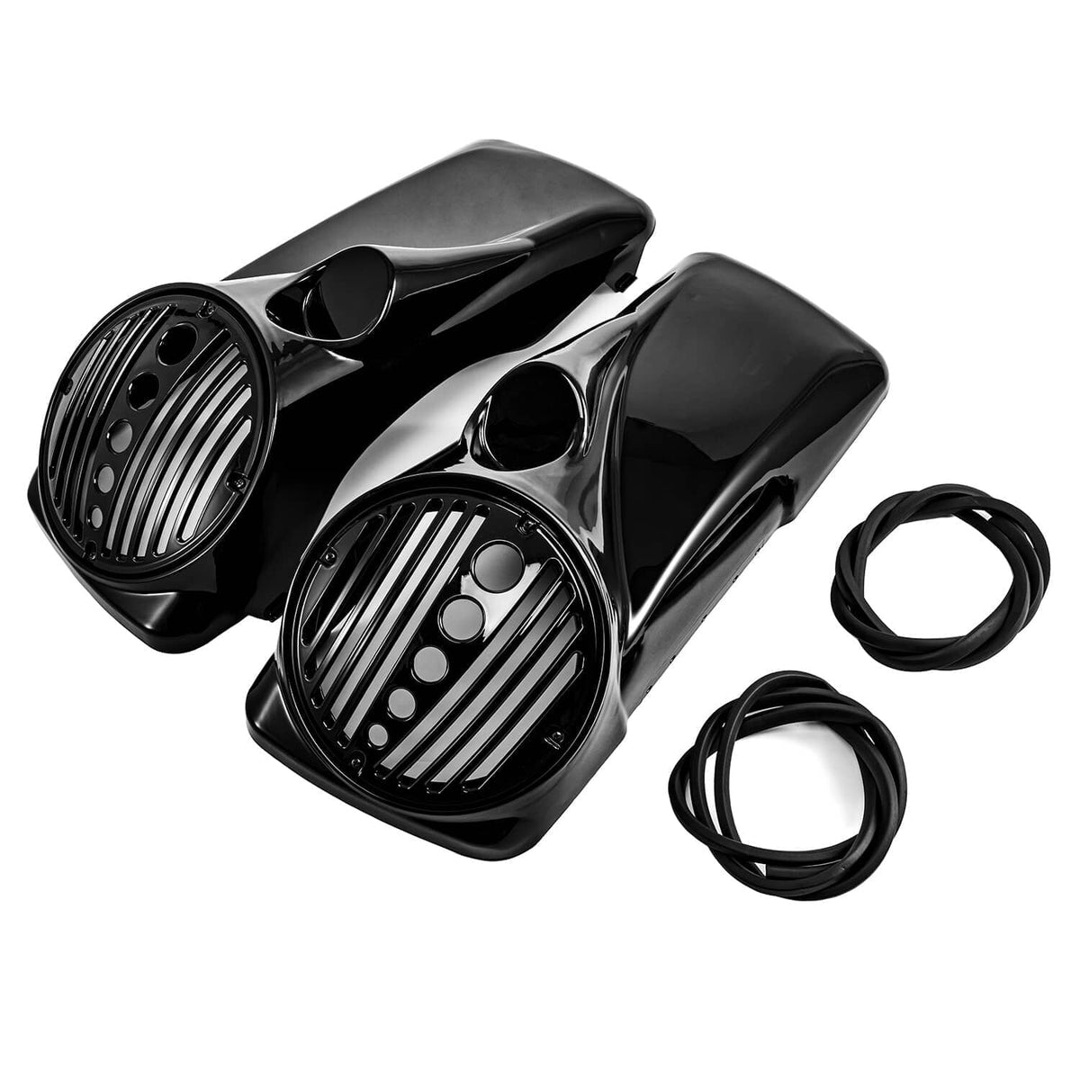 Black 8-inch speaker lids with vented grilles, tweeter ports, and speaker wire
