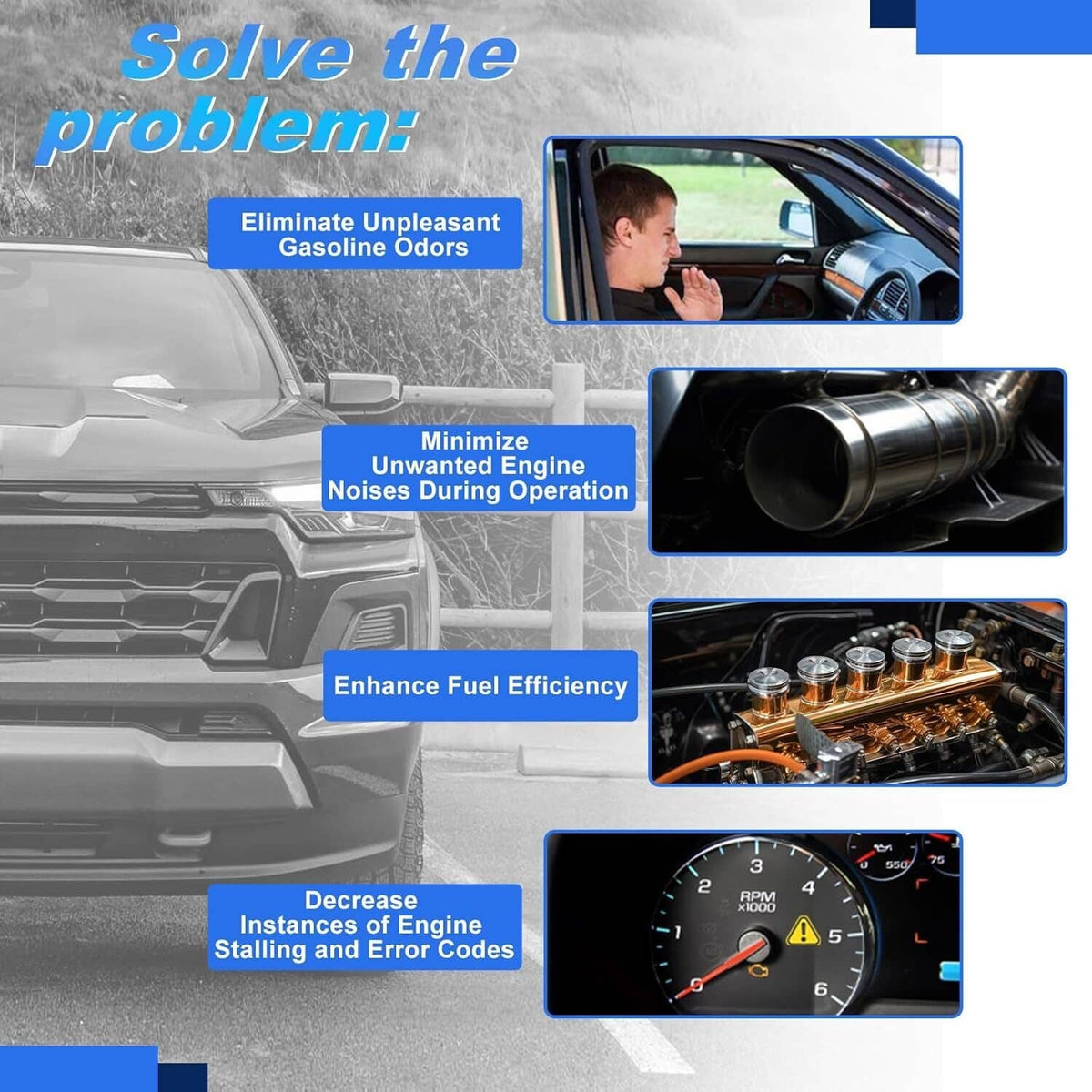Fuel vapor canister promotional graphic with car, engine, and gauge visuals