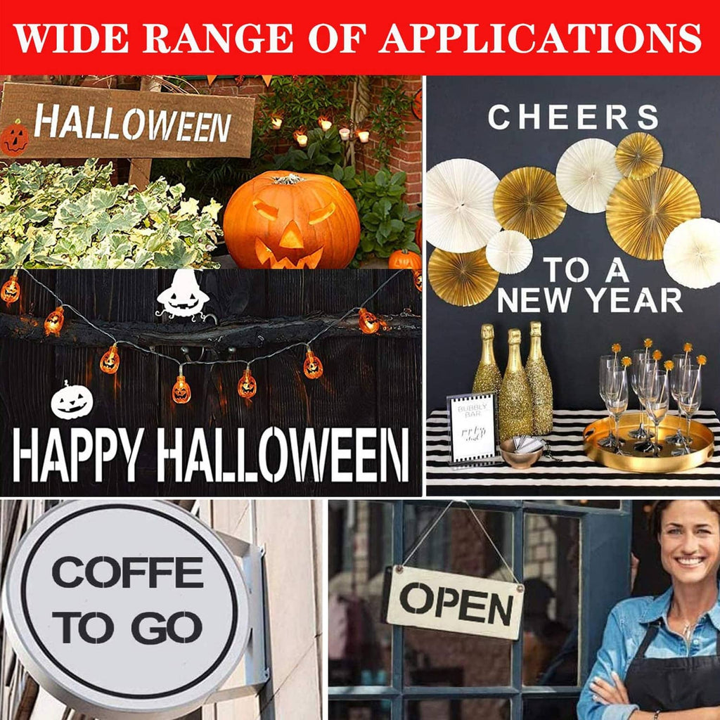 Festive signs with stencil-style lettering, including HAPPY HALLOWEEN and CHEERS