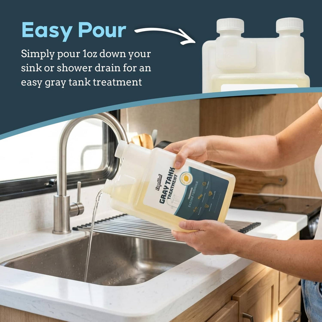 Gray tank treatment bottle being poured into a sink drain, pre-measure spout