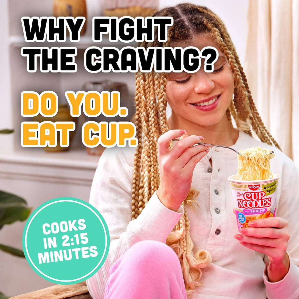 Shrimp Cup Noodles paper cup held in hand, microwaveable packaging visible