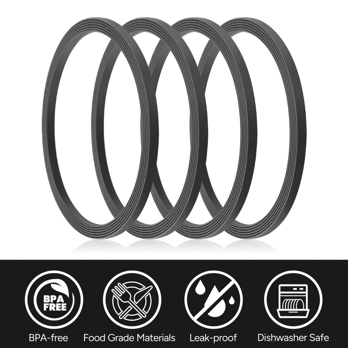 Four gray silicone seal rings, stacked close-up for replacement