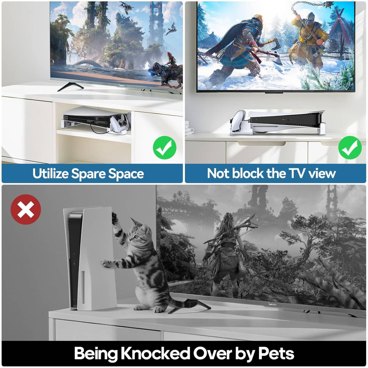 White console stand placed in a TV cabinet shelf, leaving space and view unblocked